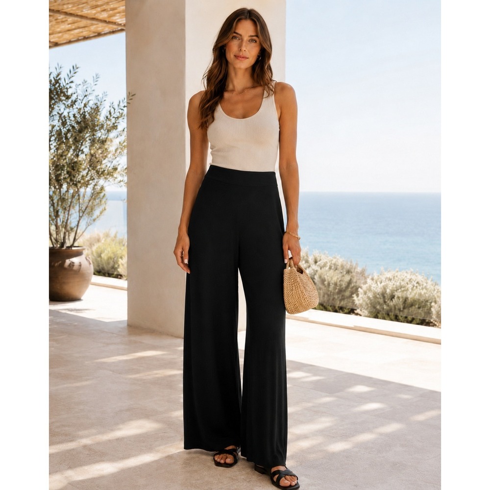 Ioanna Kourbela Black Knit Wide Leg Pants S High Waist Resort Lightweight